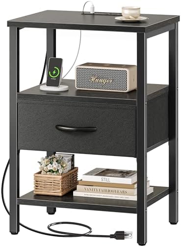 SUPERJARE Nightstand with Charging Station, Bed Side Table with Adjustable Fabric Drawer, Night Stand for Bedroom, 3-Tier Storage End Table, for Living Room, Black by SUPERJARE