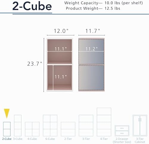 Homes: Inside + Out Apexa 2-Cube Storage Organizer Shelves, Stackable Wood Bookcase Fits Cubby Bins for Organization, Dorm Teen Room Decor & Home Office, Light Pink - Image 3