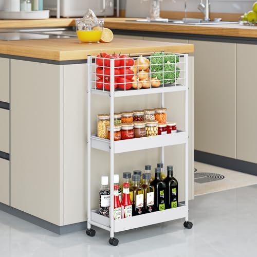 KINGRACK Slim Rolling Storage Cart 3 Tier - Heavy Duty Metal Utility Cart with Raised Edge & Wheels, Narrow Small Mobile Organizer Shelves for Bathroom, Kitchen, Laundry, Office, Living Room, White - Image 6