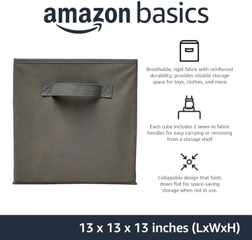 Amazon Basics Collapsible Fabric Storage Cube Bins Organizer with Handles for Organizing, Sturdy, Gray, 13 x 13 x 13 inch, 6-Pack - Image 2