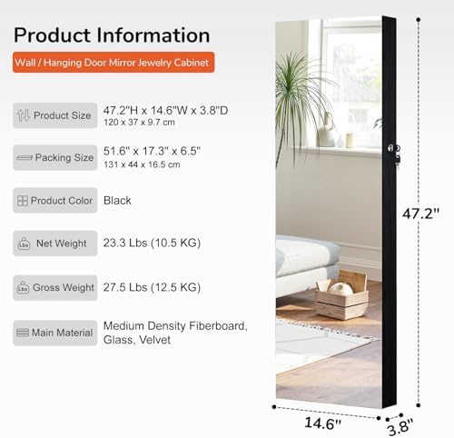 GISSAR Full Length Mirror Jewelry Cabinet, 6 LEDs Jewelry Armoire Wall Mounted Over The Door Hanging, Jewelry Organizer Storage with Lights Lockable, Black, 14.6" x 47.2" - Image 5