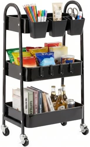 danpinera 3-Tier Rolling Cart, Utility Cart Mobile Metal Rolling Storage Cart with Lockable Wheels & Hanging Cups & Hooks for Kitchen, Bathroom, Office, Workshop, Black by danpinera