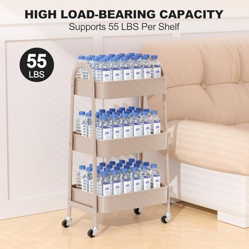 EAGMAK 3 Tier Rolling Cart, Large Metal Storage Cart with Handle and Lockable Wheels, Big Multifunctional Storage Organizer Trolley with Mesh Baskets for Kitchen, Living Room, Office, Garage (Beige) - Image 6