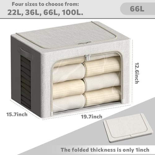FHSQX 2 Pack Clear Window Storage Bins Large Stackable Linen Fabric Storage for Clothes Foldable Container Organizer Set with Carrying Handles (Lvory White, 19.7x 15.7x 12.6 Inch) - Image 3