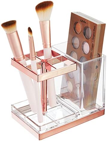 mDesign Plastic Toothbrush and Toothpaste Storage Organizer Holder - Home Decor for Bathroom Countertop - Holds Toiletries and Beauty Accessories - Lumiere Collection - Clear/Rose Gold - Image 5