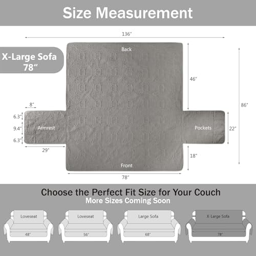 Soft Quilted Couch Cover with Pockets for Extra-Large Sofa, Anti-Slip Sofa Covers Washable for 3 Cushion Pet Friendly, Oversized Sofa Cover Water-Repellent (X-Large Sofa 78", Cool Gray) - Image 6
