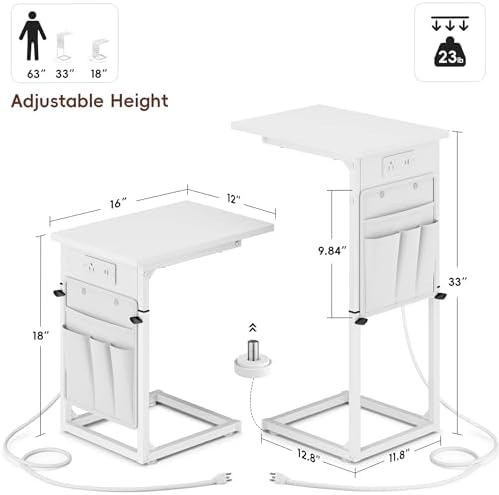 Vagusicc C Shaped End Table with Charging Station, Adjustable Height Side Table for Couch, Small Sofa Table for Small Spaces, Slide Under Sofa Table TV Tray Arm Tables for Living Room, Bedroom, White - Image 3