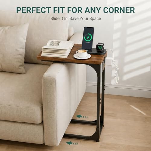 TEMI C Shaped End Table for Couch with Charging Station, Small Side Table TV Tray for Eating or Laptop, Accent Desk for Sofa or Chair, Space Saving Living Room Bedroom, Rustic Walnut - Image 3