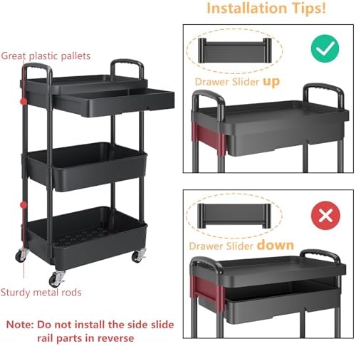 Calmootey 3-Tier Utility Cart with Drawer & Wheels, Storage for Home,Office - Image 6