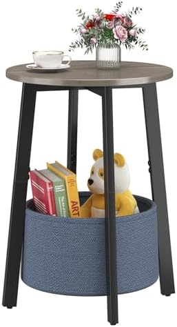 sthmec Small Round Side End Table with Cloth Storage Basket, Round Bedside Sofa Couch Coffee Tables for Small Places with Metal Frame, Modern Nighstands for Living Room Bedroom, Grey by Unknown