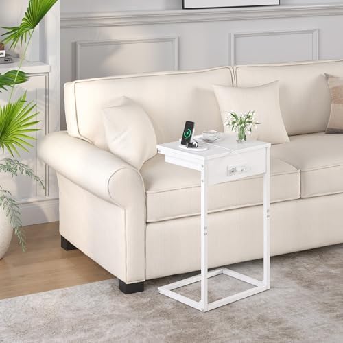 sthmec C Shaped End Table with Charging Station, 45° Tiltable Adjustable Flip Top Side Table with Storage,Small C Table for Small Spaces,Slide Under Couch Sofa Bedside Table for Living Room,White - Image 6