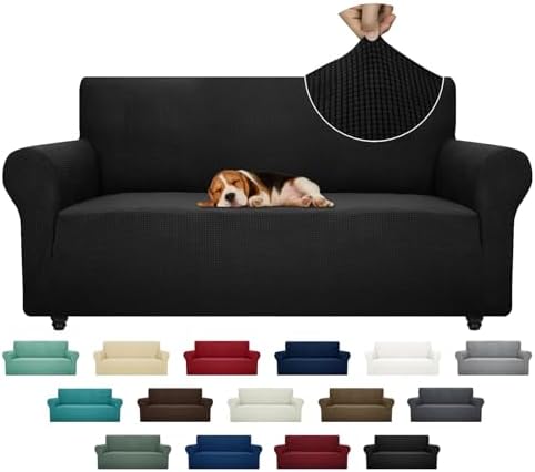 ZNSAYOTX Super Stretch Couch Cover (72"-92") Universal Sofa Covers with Elastic Bottom, Dog Cat Pets Friendly Washable Furniture Protector Fitted Sofa Slipcovers Stay in Place (Black, Sofa) by ZNSAYOTX