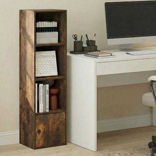 Furinno LUDER Book Shelf, 4-Tier Bookshelf with Open Shelf, Standing Bookcase with 1 Door Cabinet, 9.3 x 12 x 41.8, for Organization and Storage, for Living Room, Bedroom, Home Office, Amber Pine - Image 2