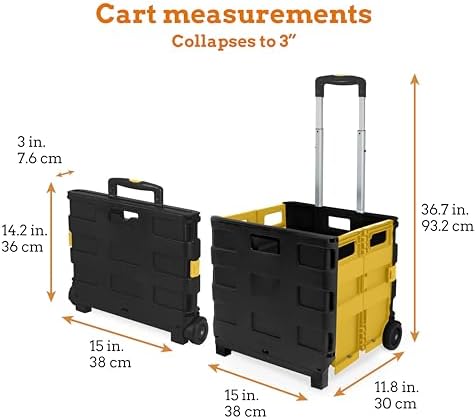 Inspired Living Ultra-Slim Rolling Collapsible Storage Pack-N-Roll Utility-carts, with Telescopic Handle, for Home, Garden, Shopping, Office, School use, Medium, Yellow & Black - Image 2