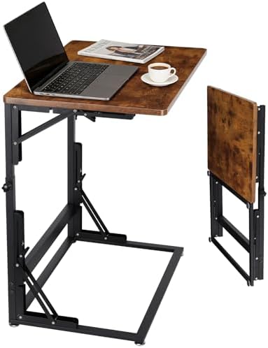 Folding Side Table, Adjustable C-Shaped End Table for Couch, Metal Frame TV Tray Table for Sofa Living Bedroom Bedside Coffee Small Spaces (Brown, 23.6" L x 15.8" W) by Outink