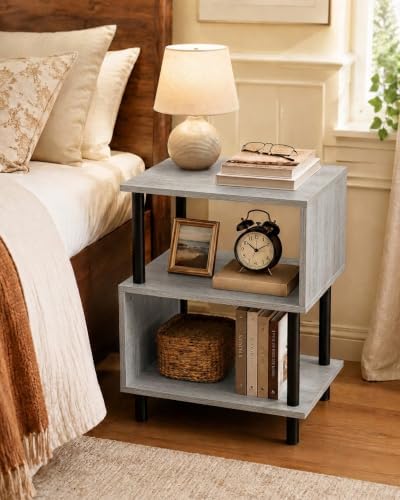 Frylr Side Table, Night Stand and End Table with Reinforced Metal Frame, 44 lb Capacity on Each Tier and Leveling Feet for Bedroom, Bedside, Living Room and Small Spaces, Greige - Image 4