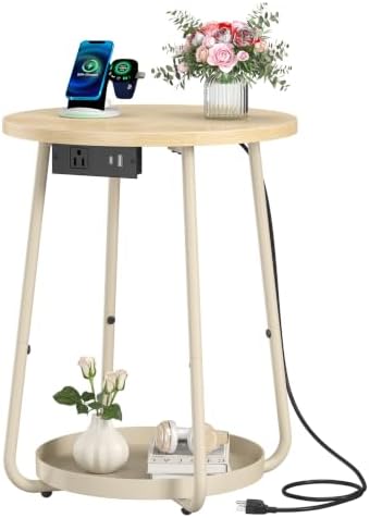 sthmec Small Round Side End Table with Storage and Charging Station, 2 Tier Round Bedside Sofa Couch Coffee Tables with Tray, Metal Nightstand for Small Spaces, Living Room Bedroom, Natural by Unknown