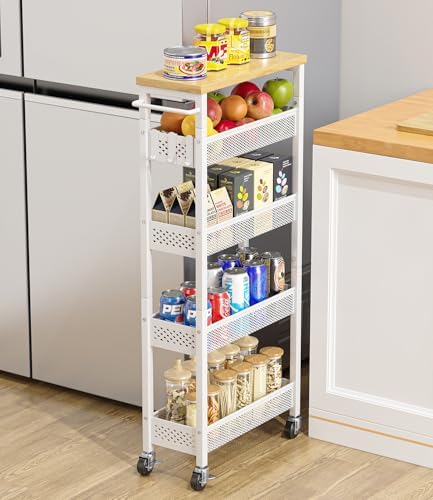 Giwil Slim Storage Cart 5 Tier Narrow Kitchen Rolling Cart on Wheels for Small Space, Metal Utility Cart Narrow Bathroom Storage Cabinet Mobile Shelf Unit Organizer with Wood Top and Handle, White by Giwil