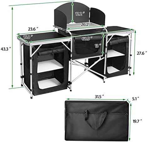 CampLand Folding Camping Kitchen Table with Windscreen,Portable Outdoor Cooking Station with Storage Cabinet & Side Tables Heavy Duty Camp Cook Station for Camping & BBQ (Black3cabinet) - Image 3
