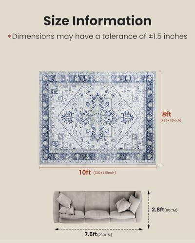 AMADA HOMEFURNISHING Washable Area Rug, Low-Profile Large Area Rug with Non-Slip Backing & Durable Edge Binding, Vintage Large Rugs for Living Room, Bedroom, Dinning Room, 8x10, Navy Blue/White - Image 2