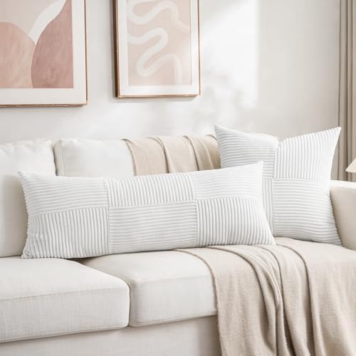 Fancy Homi Set of 2 White Boho Long Lumbar Body Decorative Throw Pillow Cover 14x36 Inch for Bed Couch Bedroom Bench, Soft Patchwork Corduroy Textured Pillow Case, Rustic Farmhouse Room Décor - Image 5