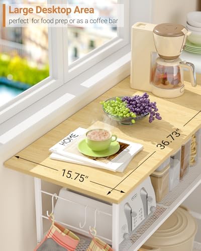 Kitchen Island with 3 Shelves, Rolling Kitchen Cart with 6 Hooks and Protective Shelf, Microwave Stand on Lockable Wheels, Bakers Rack Coffee Bar for Dining, Living Room, Outdoor, Metal Frame, White - Image 7