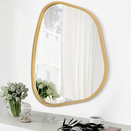 Asymmetrical Accent Mirror for Wall Irregular Oval Wood Frame Modern Unique Wall Mirror Decorative Vanity Bathroom Living Room Bedroom Entryway Hallway Artistic Mirror Small Gold 14"x10" by HLFMVWE