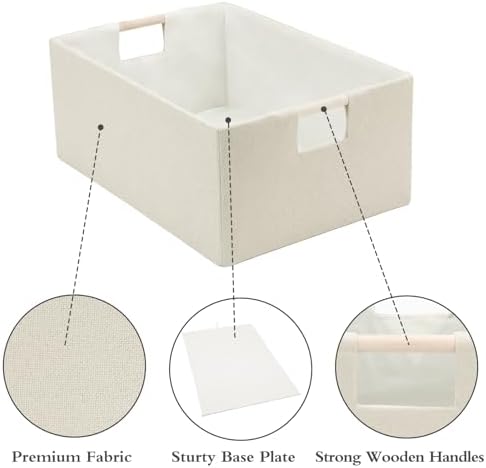 Foldable Fabric Storage Cubes, Cloth Storage Baskets with Wooden Handles, Shelf Closet Organizer Bins, Rectangular Linen Storage Boxes for Decor, 16.5 x 12.2 x 6.7 Inches - Image 4