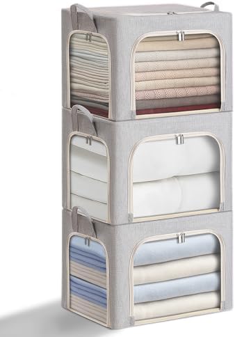 combocube 3-Side Zippered Openings Clothes Storage Bins with Thick Metal Frame, Stackable & Foldable Clothing Storage Bins with Lid, Linen Fabric Closet Storage Box with Large Clear Window, 3 Pack by combocube