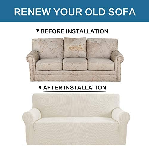 H.VERSAILTEX Stretch Sofa Covers for 3 Cushion Couch Covers Sofa Slipcovers for Living Room Feature Thick Checked Jacquard Fabric with Elastic Bottom, Sofa Large - Natural - Image 6