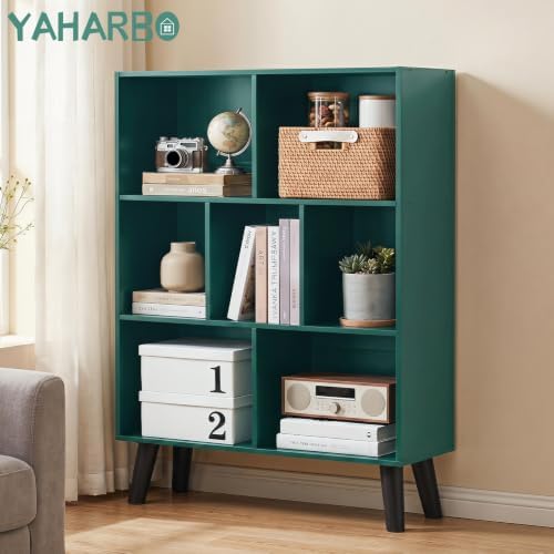 YAHARBO Dark Green Bookshelf,3 Tier Book Shelf with Legs, 7 Cube Minimalist Bookcase,Storage Organizer Shelves Display Bookcases for Bedroom,Living Room - Image 3