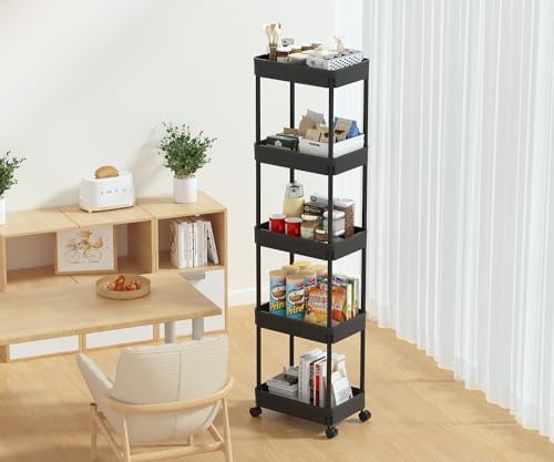 Sooyee 5-Tier Plastic Rolling Utility Cart with Wheels, Multi-Functional Storage Trolley for Office, Living Room, Kitchen, Movable Storage Organizer, Black - Image 2