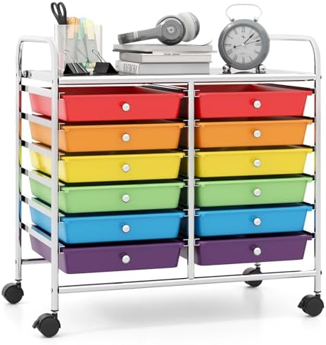 Giantex 12 Drawers Rolling Cart, Mobile Storage Drawer Cart, Classroom Organizer Cart for Office School Supplies Tools Scrapbook Paper Craft Small Printer, Utility Cart on Wheels, Multicolor by Giantex