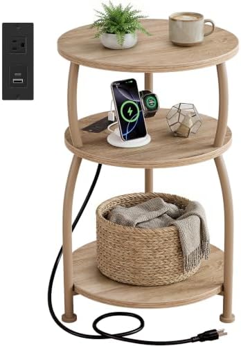 Round Side Table with Power Outlet, USB Type C Port, 3-Tier End Table by designyourhome