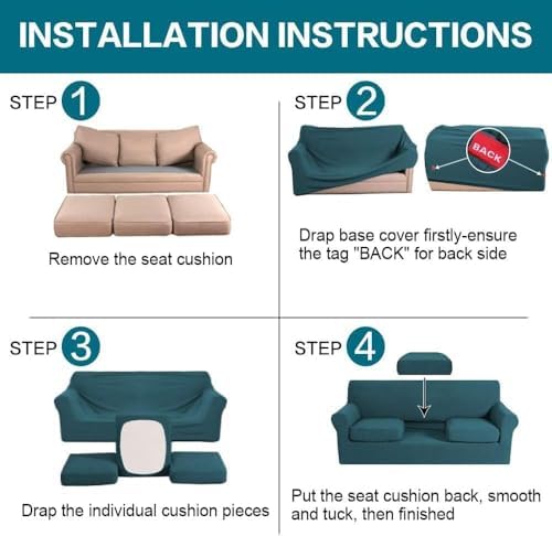 Turquoize 4 Piece Sofa Covers for 3 Cushion Couch Sofa Slipcover Soft Couch Cover for Dogs Washable Furniture Cover with 3 Individual Large Cushion Covers Feature Fabric (Large Sofa, Deep Teal) - Image 6