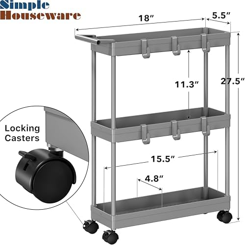 Simple Houseware 3-Tier Slim Rolling Cart w/Handle 5.5" Wx27.5 H, Gray - Image 3