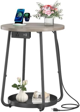sthmec Small Round Side End Table with Storage and Charging Station, 2 Tier Round Bedside Sofa Couch Coffee Tables with Tray, Metal Nightstand for Small Spaces, Living Room Bedroom, Grey by Unknown
