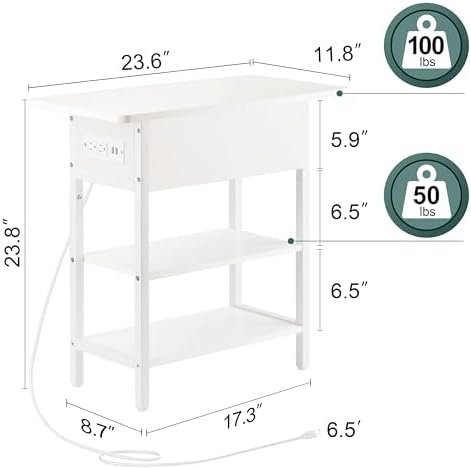 Yoobure End Table with Charging Station, Flip Top Side Table with USB Ports and Outlets, Sofa Couch Table Bedside Table for Living Room Bedroom, Narrow Nightstand with Storage Shelves for Small Spaces - Image 3