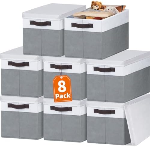 Extra Large Storage Baskets with Lids 8 Pack, 33 QT Blanket Basket for Organizing/ Stackable Decorative Closet Organizers and Storage Box for Clothes Towels/ Toy Organizers Bins with Handles/ 16x12 by Criusia