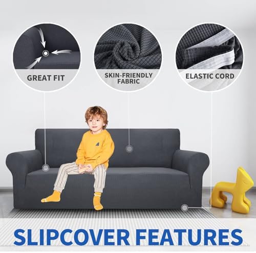 MAXIJIN Super Stretch Couch Cover for 3 Cushion Couch, 1-Piece Universal Sofa Covers Living Room Jacquard Spandex Furniture Protector Dogs Pet Friendly Fitted (Large, Gray) - Image 3
