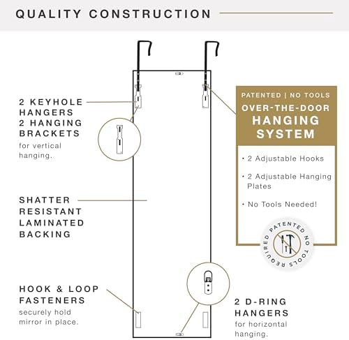 MCS 14.7x50.7 Matte White Over The Door Mirror, Full Length Hanging Mirror for Bedroom & Bathroom Doors, Lightweight Design with Patented No Tools Required Hanging System - Image 4