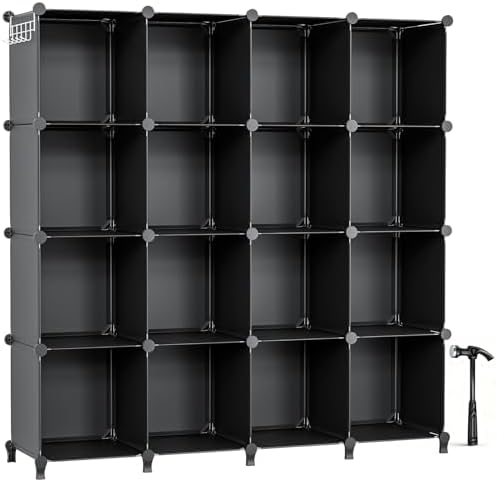 Neprock 16 Cubby Storage Organizer, Closet Clothes Storage Organizer, Cube Shelves Closet Organizers and Storage Shelves for Clothing Storage with Hammer, Bookshelf for Kids（Black） by Neprock