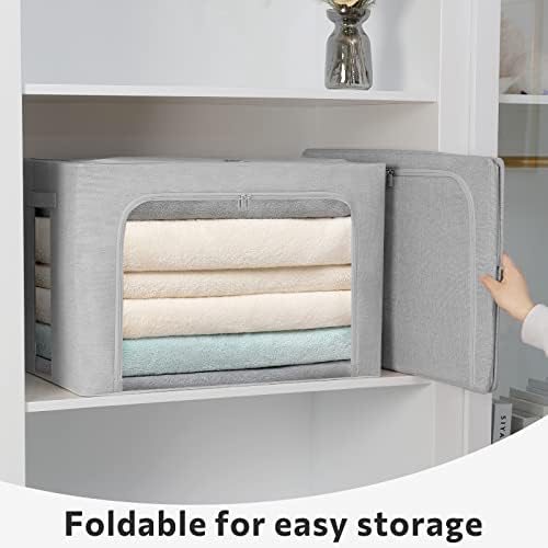 FHSQX 2 Pack Clear Window Storage Bins - Large Stackable Linen Fabric Storage for Clothes Foldable Container Organizer Set with Carrying Handles (Light Gray, 23.6x 16.5x 15.7 Inch) - Image 3