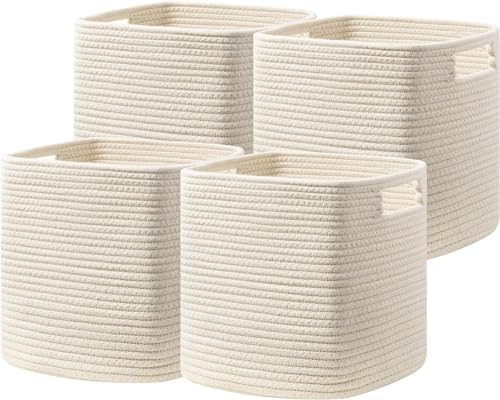 UBBCARE Set of 4 Storage Basket-12 X 12 X 12 in, Cotton Rope Baskets for Shelves, Toys, Book, Cube Storage Bins with Handles, Woven Storage Basket for Organizing, Beige by UBBCARE
