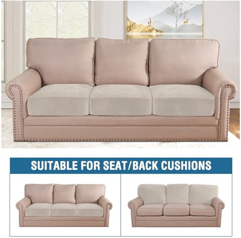 H.VERSAILTEX Velvet Stretch Couch Cushion Cover Plush Cushion Slipcover for Chair Loveseat Sofa Cushion Furniture Protector Seat Cushion Sofa Cover (3 Piece XL Sofa Cushion Covers, French Oak) - Image 3