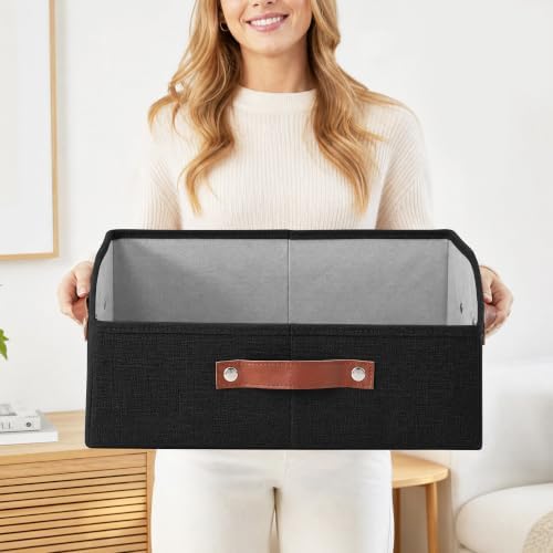 Bagnizer Closet Organizers and Storage, Linen Trapezoid Storage Bins with Handles, Collapsible Shelf Organizer for Blanket, Towel, Clothes, Hats, Purse (Black) - Image 3