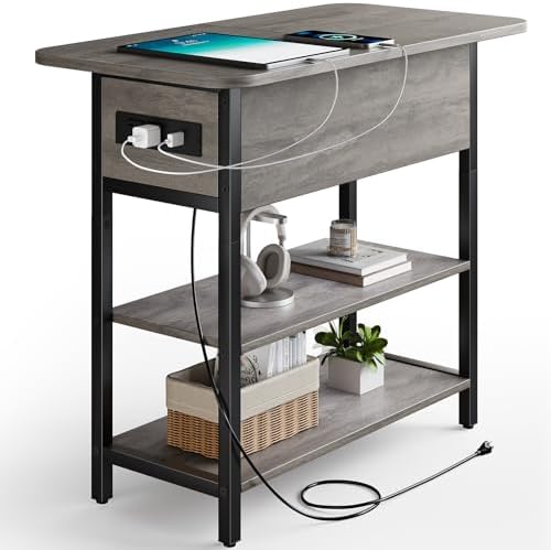 Yoobure End Table with Charging Station, Flip Top Side Table with USB Ports and Outlets, Sofa Couch Table Bedside Table for Living Room Bedroom, Narrow Nightstand with Shelves for Small Space Gray by Yoobure