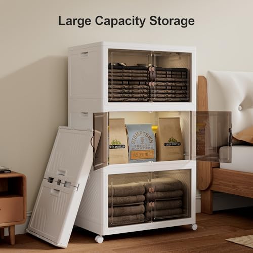 JOYMOOP Folding Storage Bins Organizer, 252 Quart Collapsible Storage Boxes with Wheels and Door, Stackble Plastic Storage Container for Clothing, Books and Sundries (XXL, 21 Gal Per, 3 Tiers) - Image 6