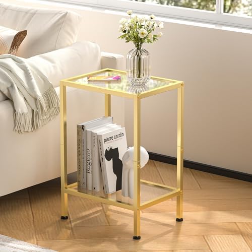Glass Side Table, Tempered Glass End Table, 2-Tier Nightstands with Open Shelves, Small Coffee Table with Modern Style, Accent Table Small Table Sofa Table for Living Room, Bedroom,Gold - Image 2