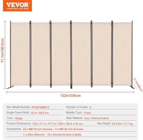 VEVOR Room Divider, 6 Panel Room Divider, Folding Privacy Screen and Portable Partition Divider for Room Separation, Freestanding Room Partitions for Office, Bedroom, Study, Beige - Image 7